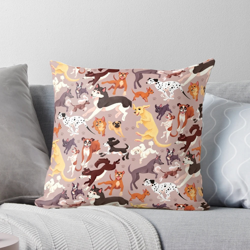 Dog breed pattern illustration pillow showcasing various dog breeds