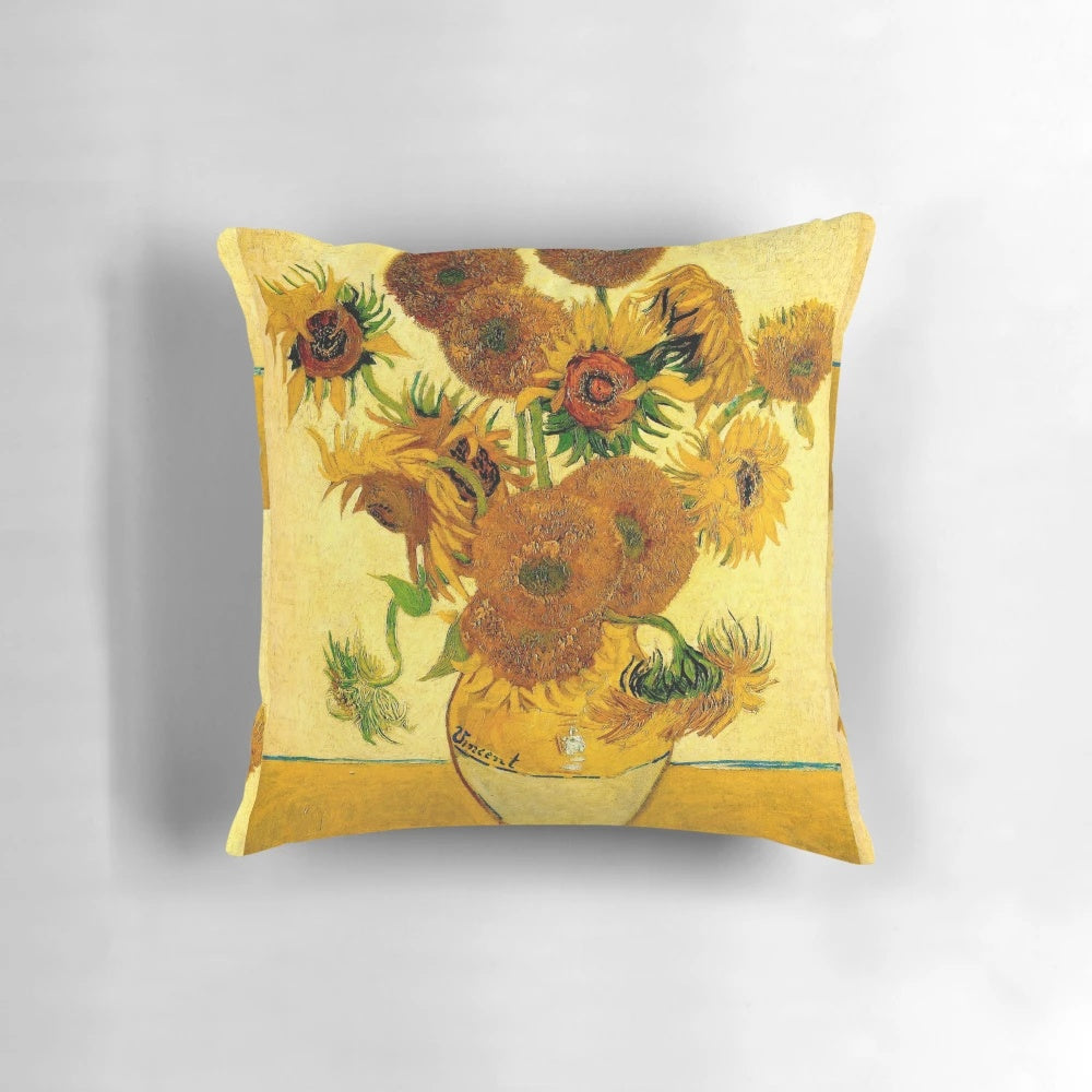 Vibrant floral pillow featuring Vincent van Gogh's "Vase with Fifteen Sunflowers" painting