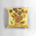 Vibrant floral pillow featuring Vincent van Gogh's "Vase with Fifteen Sunflowers" painting