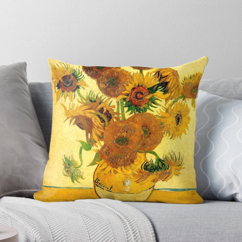 Vibrant floral pillow featuring Vincent van Gogh's "Vase with Fifteen Sunflowers" painting