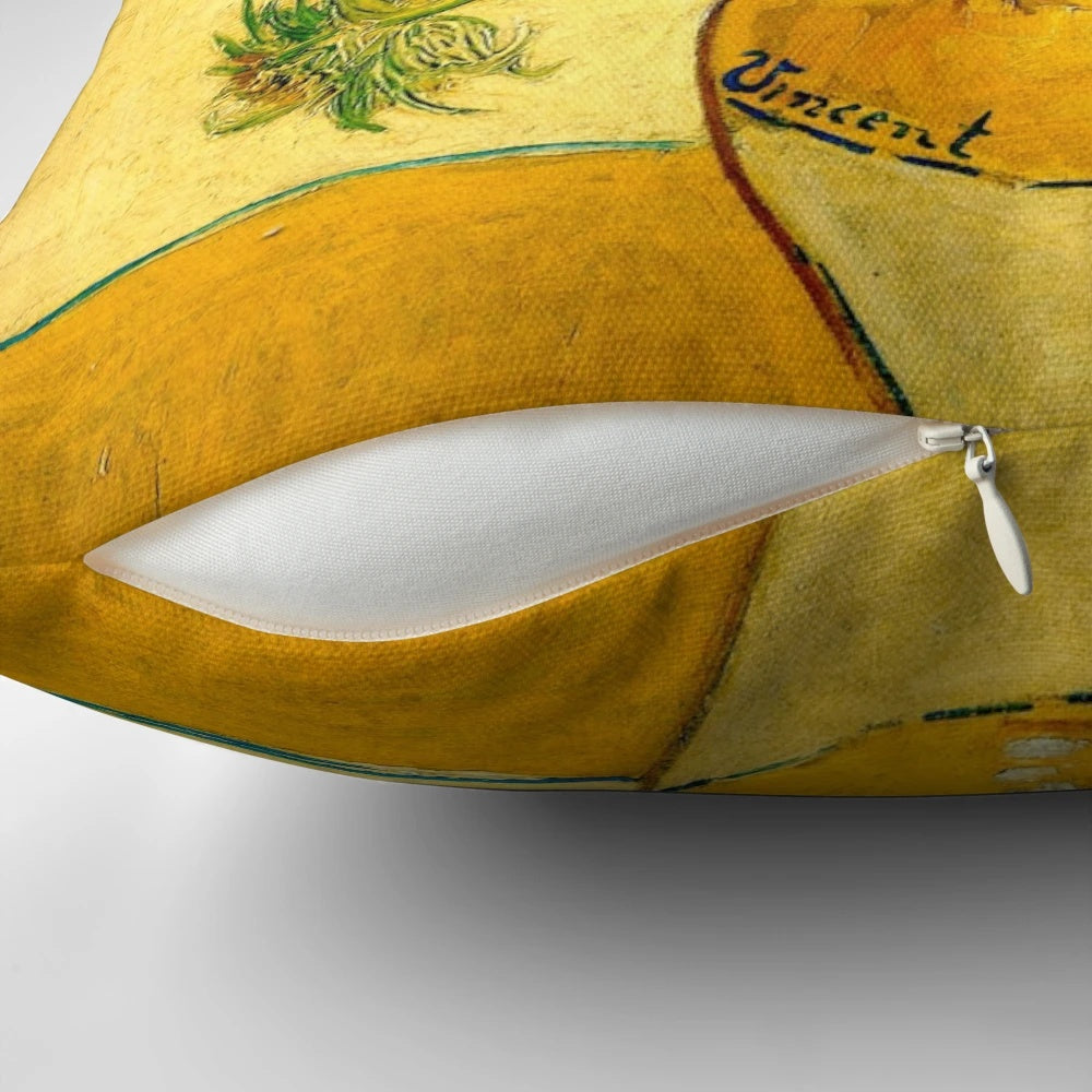 Vibrant floral pillow featuring Vincent van Gogh's "Vase with Fifteen Sunflowers" painting