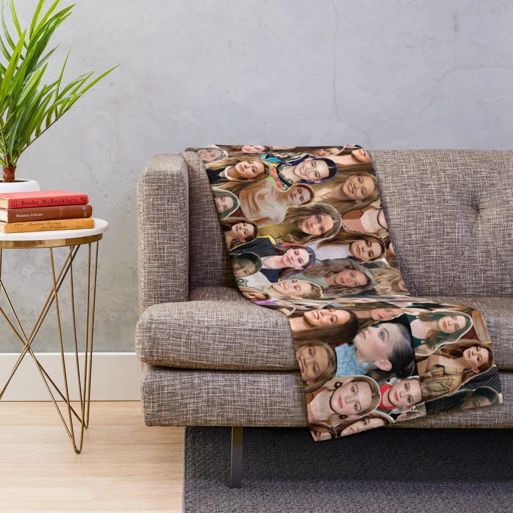 Collage of Victoria Pedretti's characters from The Haunting of Bly Manor and The Haunting of Hill House printed on a plush blanket