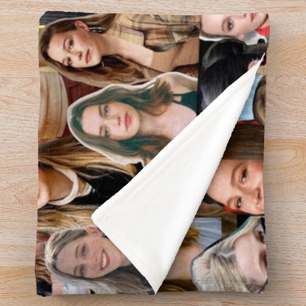 Collage of Victoria Pedretti's characters from The Haunting of Bly Manor and The Haunting of Hill House printed on a plush blanket