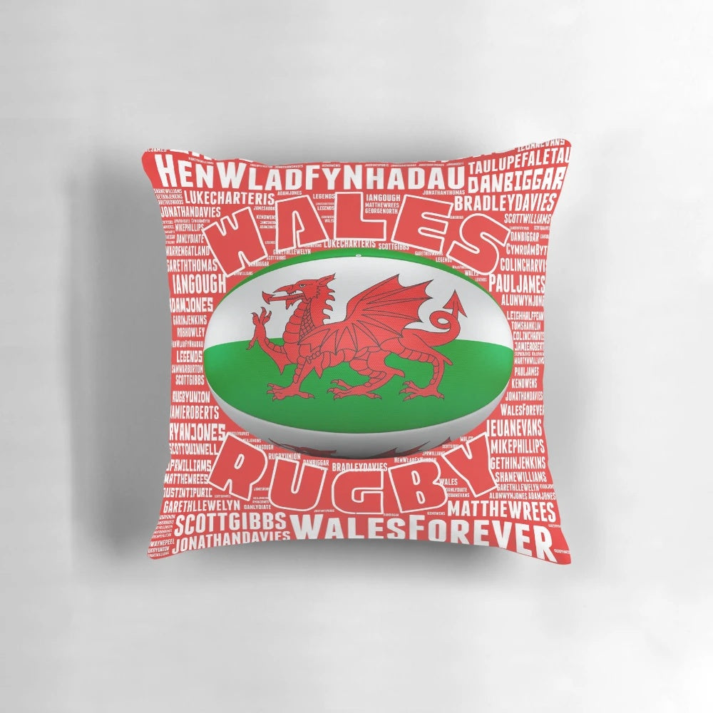 Pillow featuring the iconic Welsh dragon and celebrating Welsh rugby legends