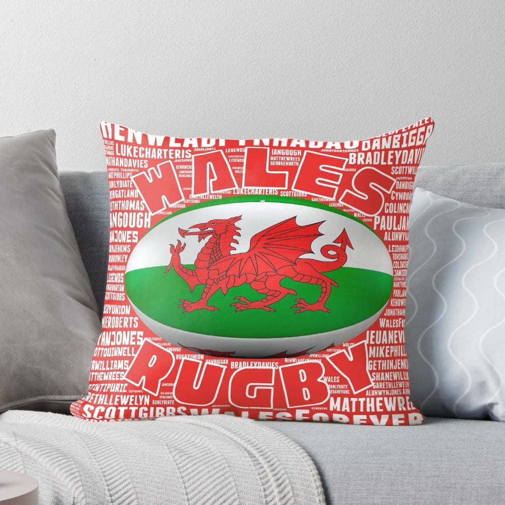 Pillow featuring the iconic Welsh dragon and celebrating Welsh rugby legends