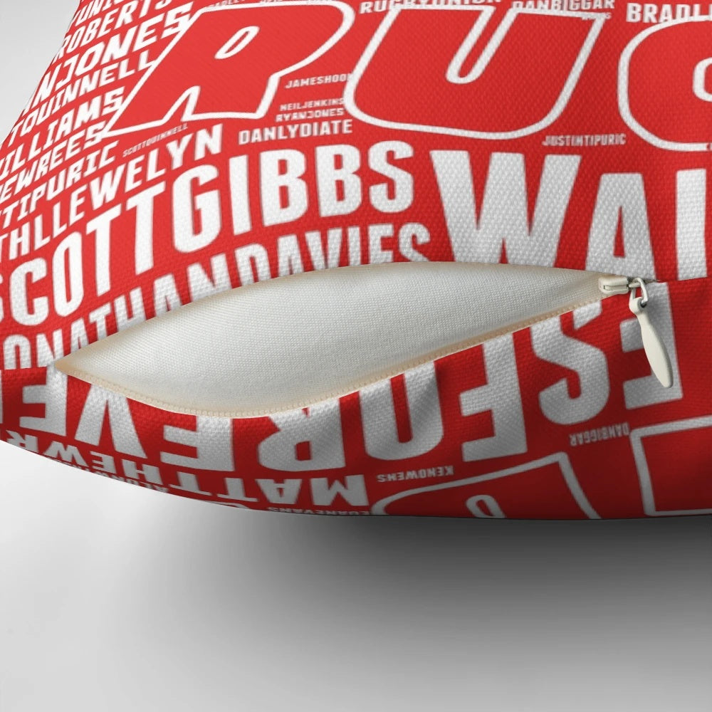 Pillow featuring the iconic Welsh dragon and celebrating Welsh rugby legends