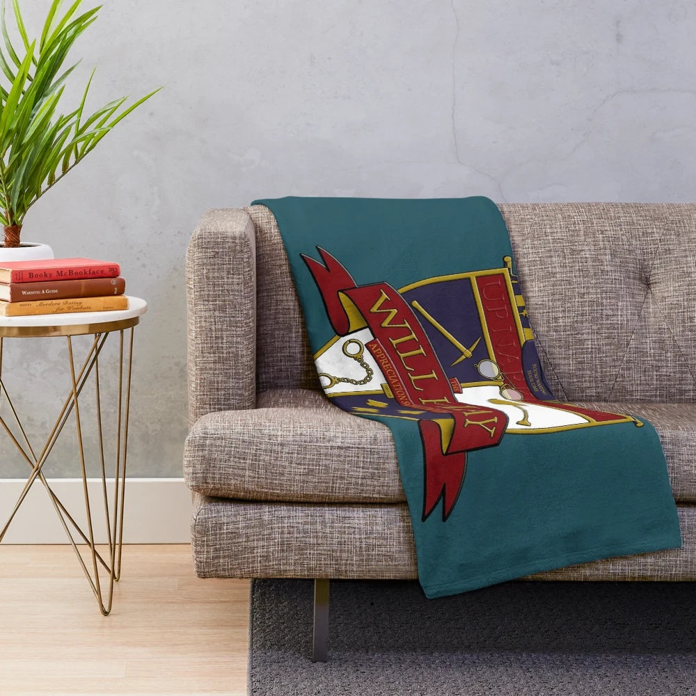 Plush blanket featuring the crest of the Will Hay Appreciation Society