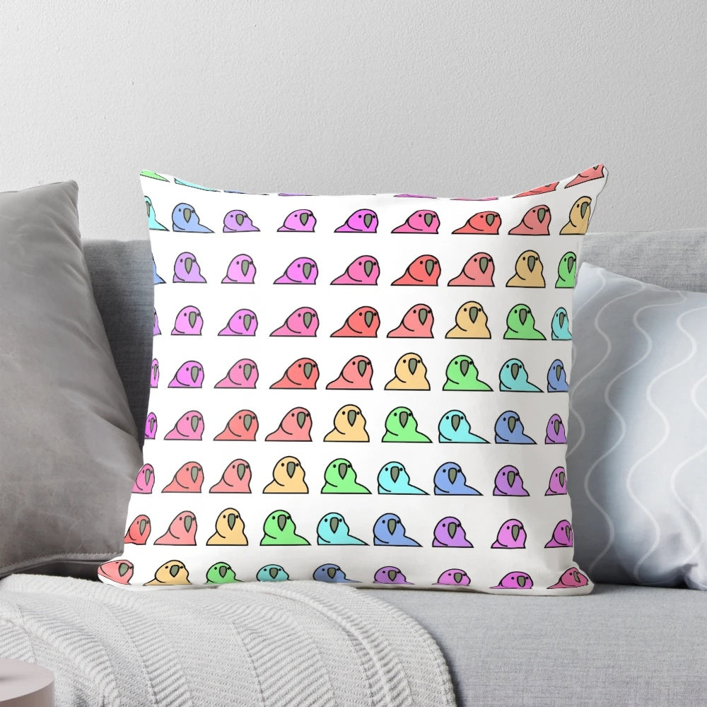 A colorful pillow featuring a vibrant parrot design, perfect for adding a fun, festive touch to your space.