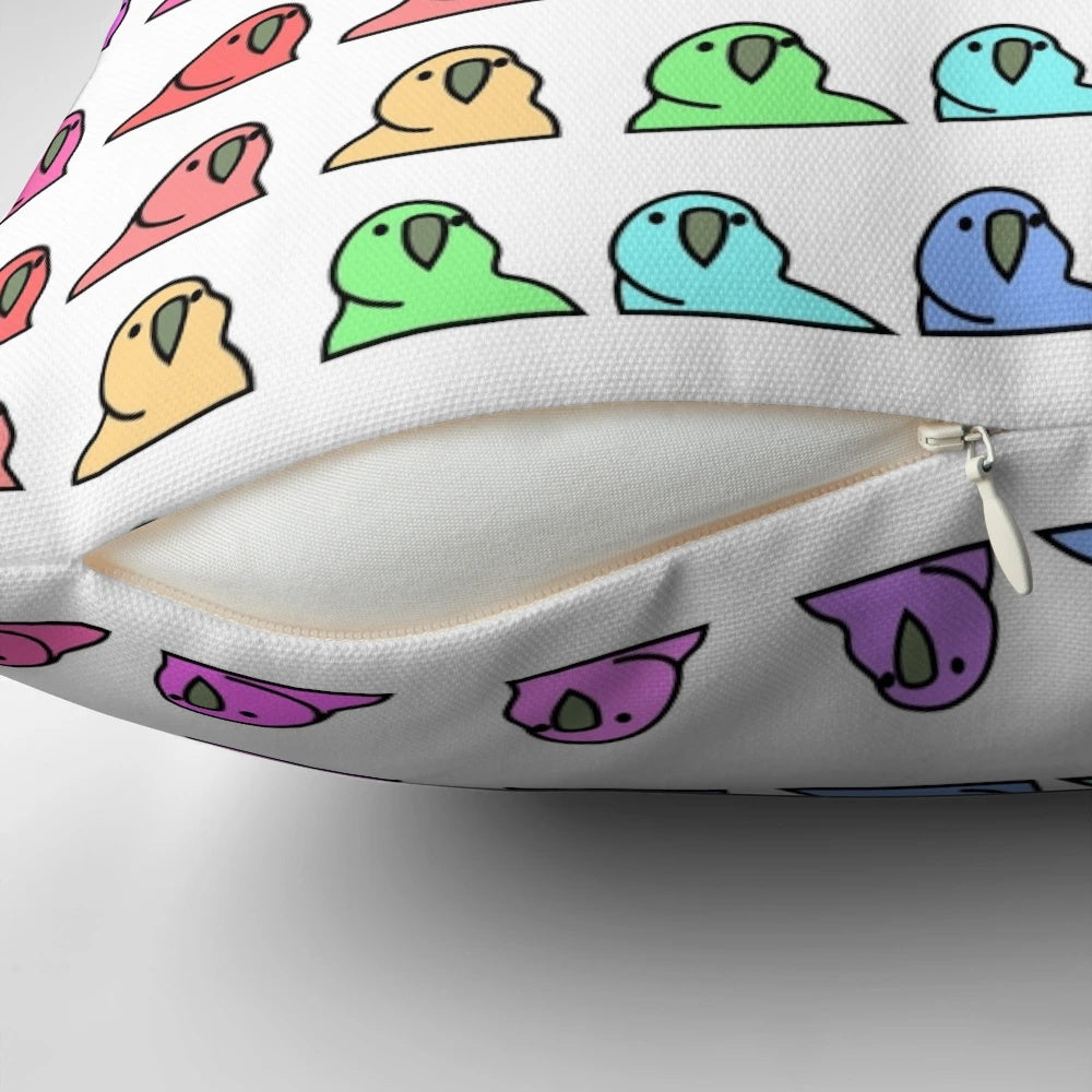 A colorful pillow featuring a vibrant parrot design, perfect for adding a fun, festive touch to your space.