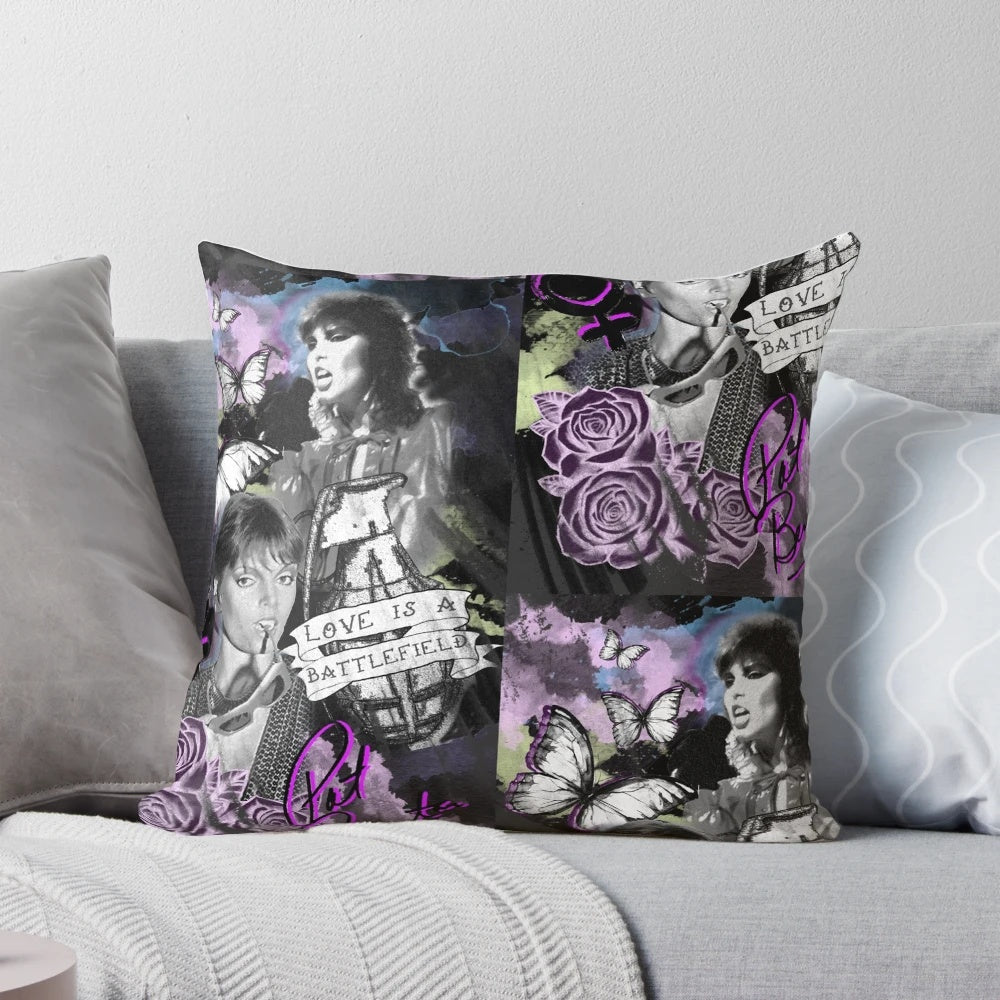 A decorative pillow featuring the iconic image of 80s rock legend Pat Benatar, celebrating women in music.