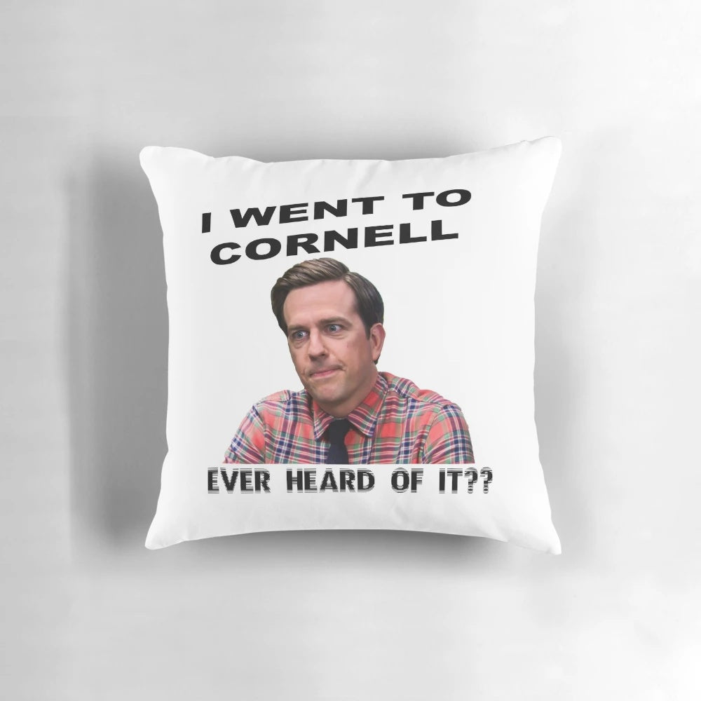 A pillow featuring the character Andy Bernard from the TV show The Office, wearing a Cornell University sweatshirt.