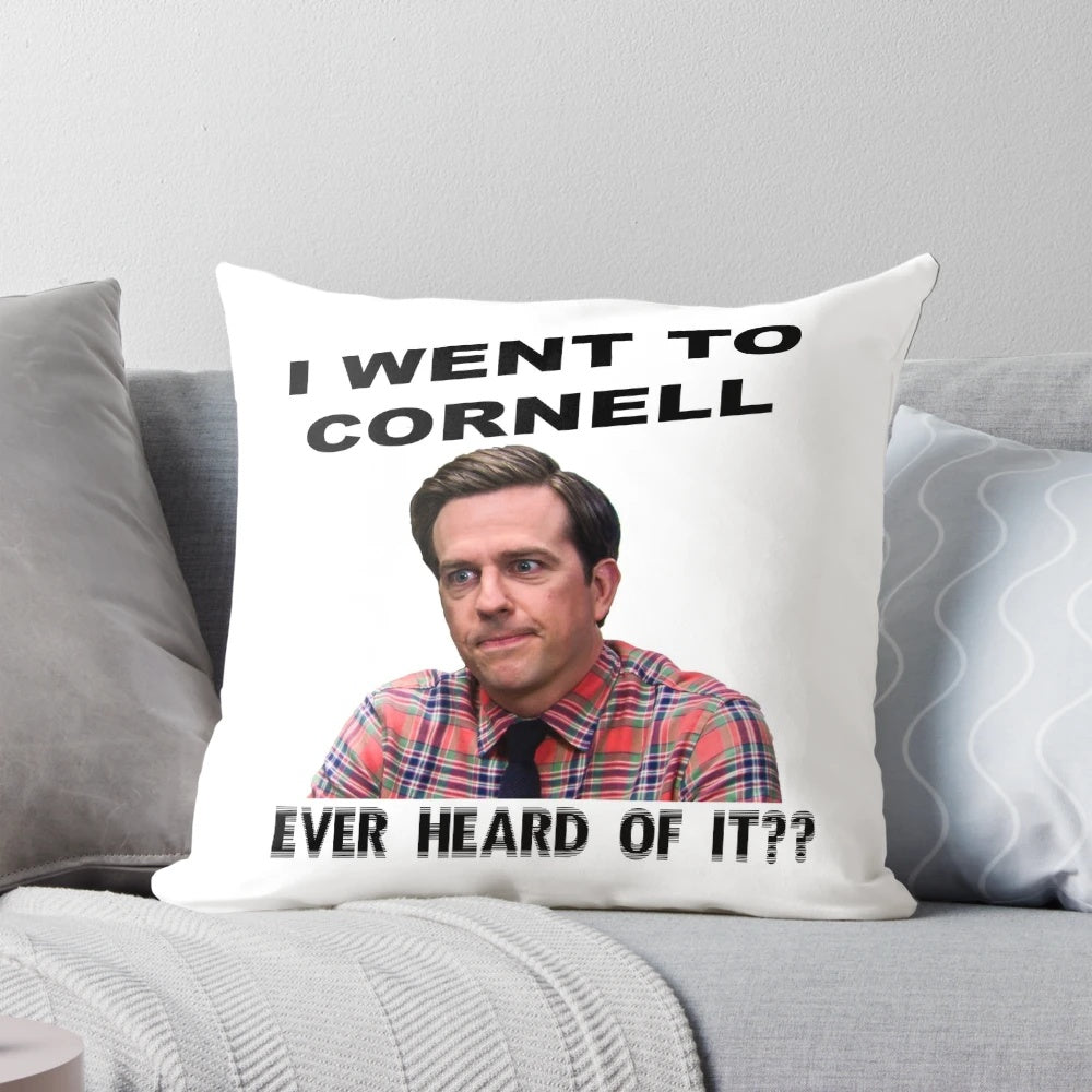 A pillow featuring the character Andy Bernard from the TV show The Office, wearing a Cornell University sweatshirt.