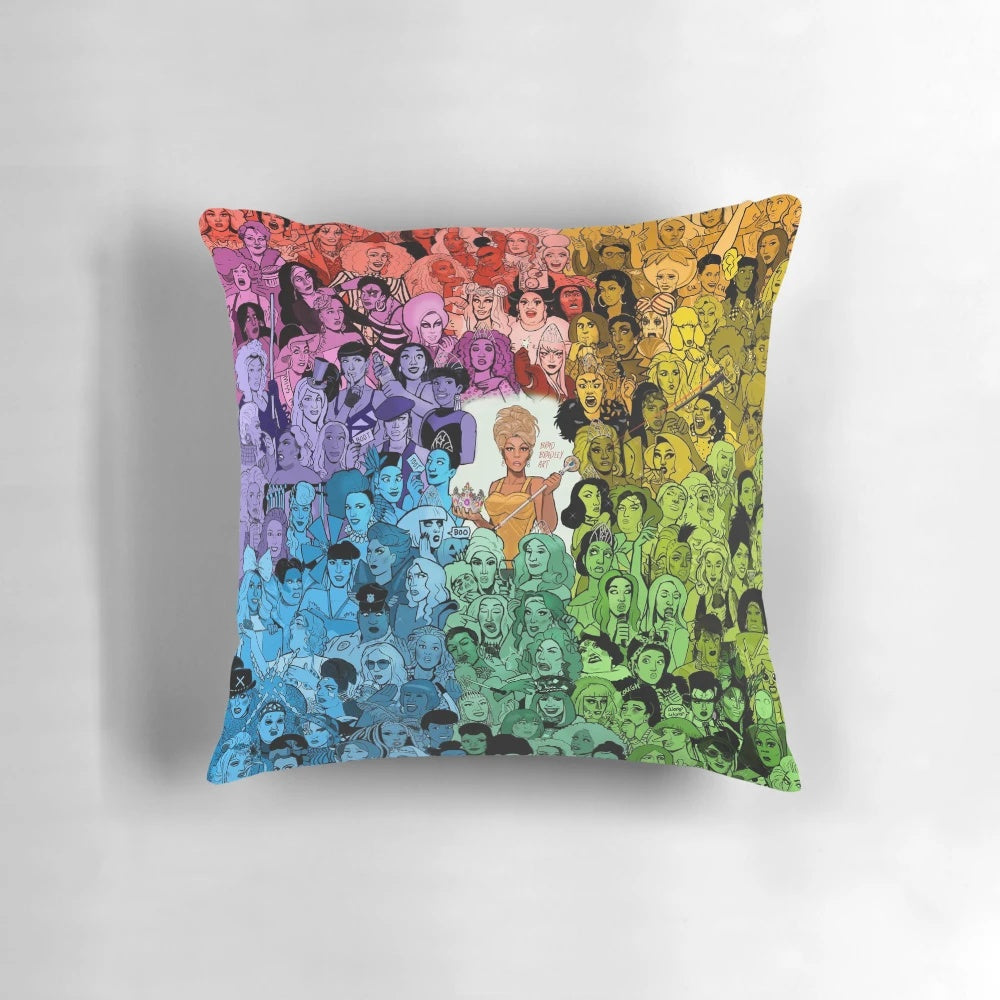 A colorful and vibrant pillow featuring the Drag Race logo and text