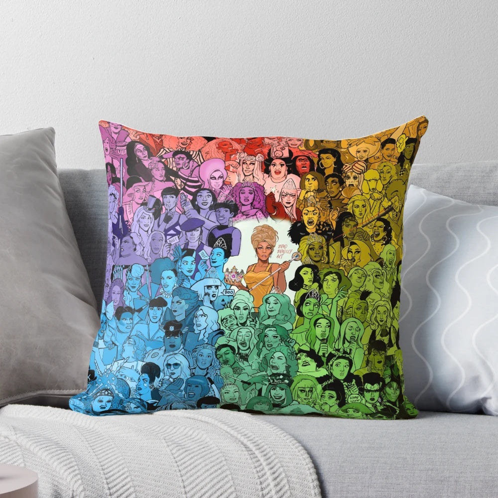 A colorful and vibrant pillow featuring the Drag Race logo and text