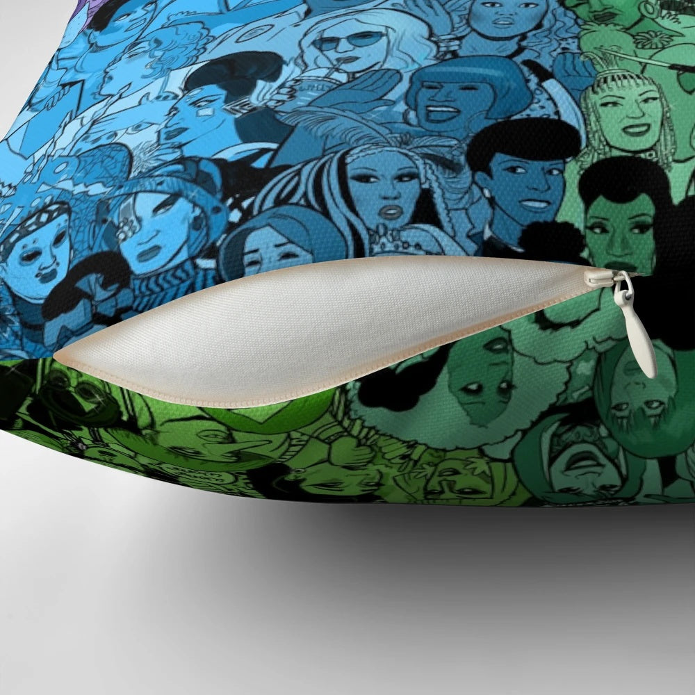 A colorful and vibrant pillow featuring the Drag Race logo and text