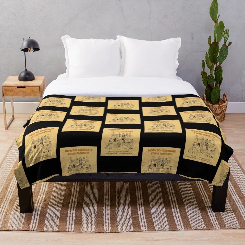 Plush blanket featuring a book cover design for fans