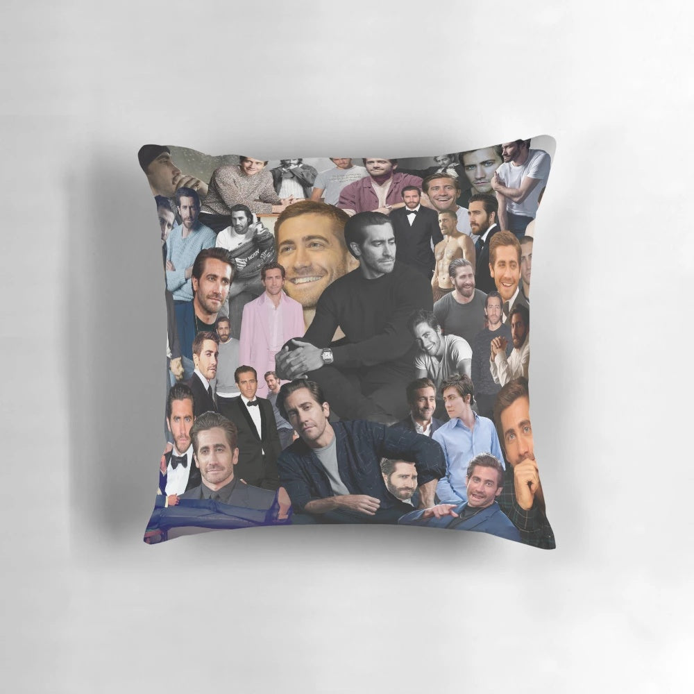 Stylish pillow featuring a collage of actor Jake Gyllenhaal in various roles