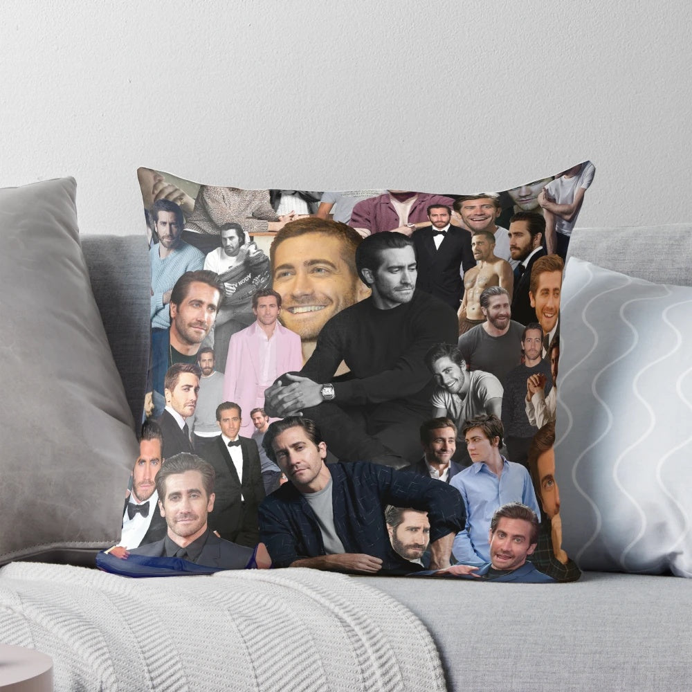Stylish pillow featuring a collage of actor Jake Gyllenhaal in various roles
