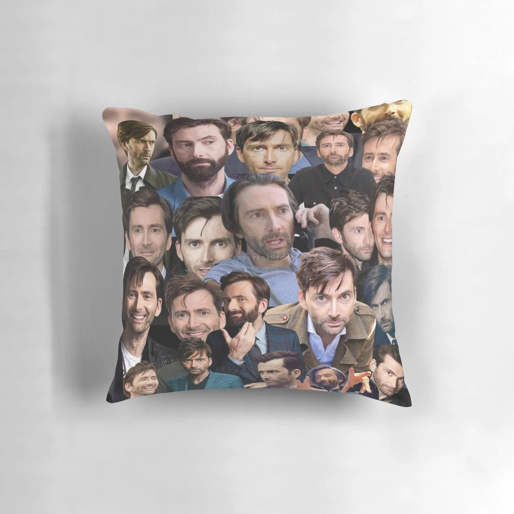 A collage of photos featuring actor David Tennant, showcased on a decorative pillow for home decor.
