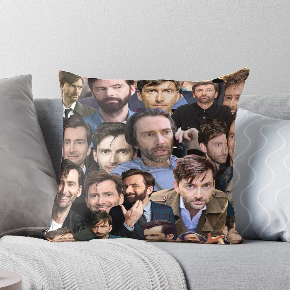 A collage of photos featuring actor David Tennant, showcased on a decorative pillow for home decor.
