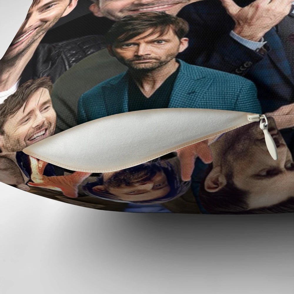 A collage of photos featuring actor David Tennant, showcased on a decorative pillow for home decor.