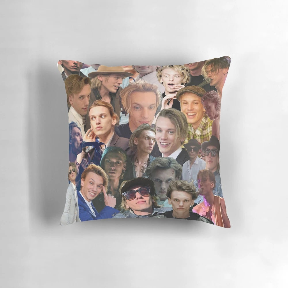 High-quality photo collage pillow featuring images of actor Jamie Campbell Bower