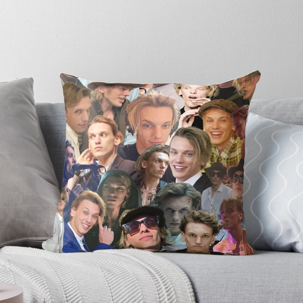 High-quality photo collage pillow featuring images of actor Jamie Campbell Bower
