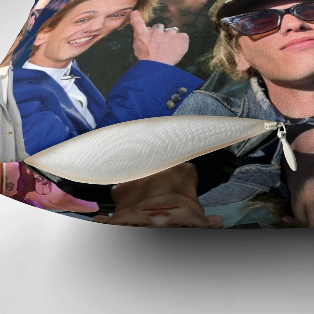 High-quality photo collage pillow featuring images of actor Jamie Campbell Bower