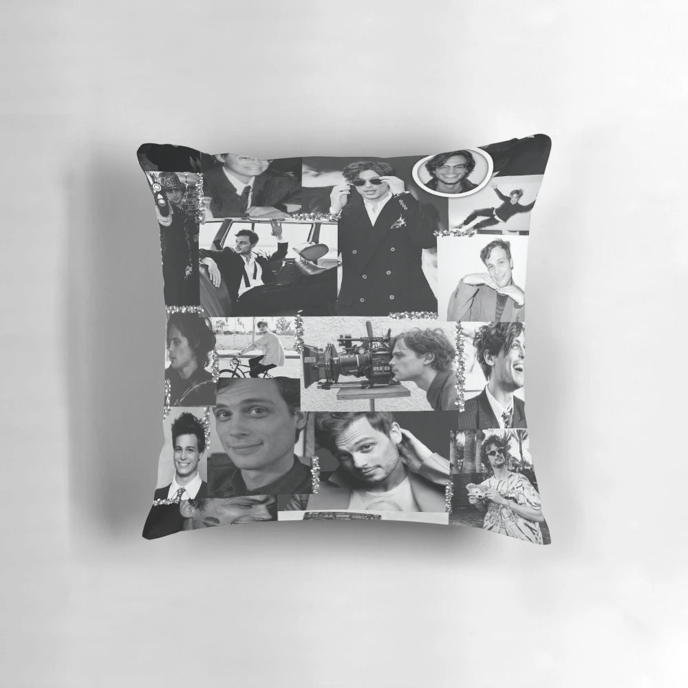 A collage of images featuring actor Matthew Gray Gubler, known for his role as Dr. Spencer Reid on the TV show Criminal Minds, printed on a black and white throw pillow.