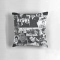 A collage of images featuring actor Matthew Gray Gubler, known for his role as Dr. Spencer Reid on the TV show Criminal Minds, printed on a black and white throw pillow.