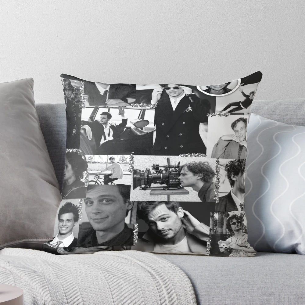 A collage of images featuring actor Matthew Gray Gubler, known for his role as Dr. Spencer Reid on the TV show Criminal Minds, printed on a black and white throw pillow.