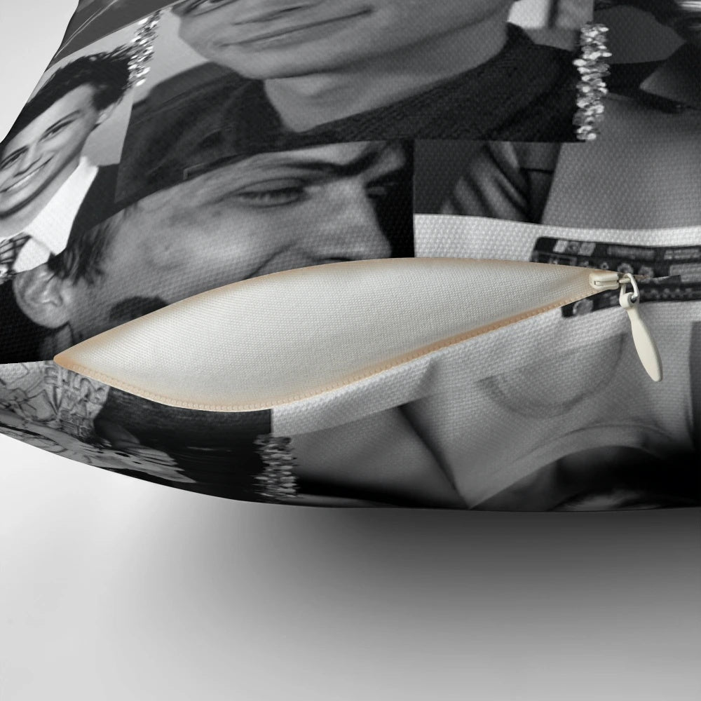 A collage of images featuring actor Matthew Gray Gubler, known for his role as Dr. Spencer Reid on the TV show Criminal Minds, printed on a black and white throw pillow.