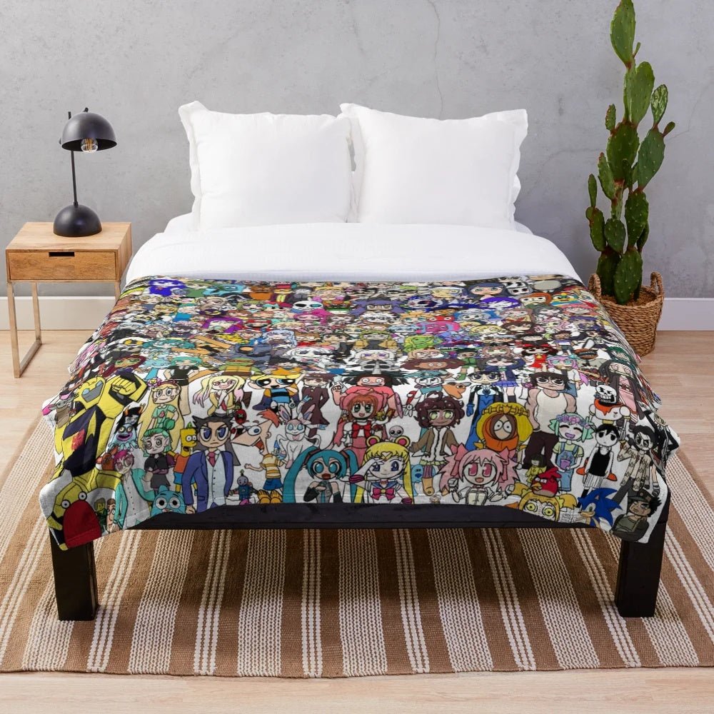 Fanart collage plush blanket featuring cartoon, anime, and video game characters