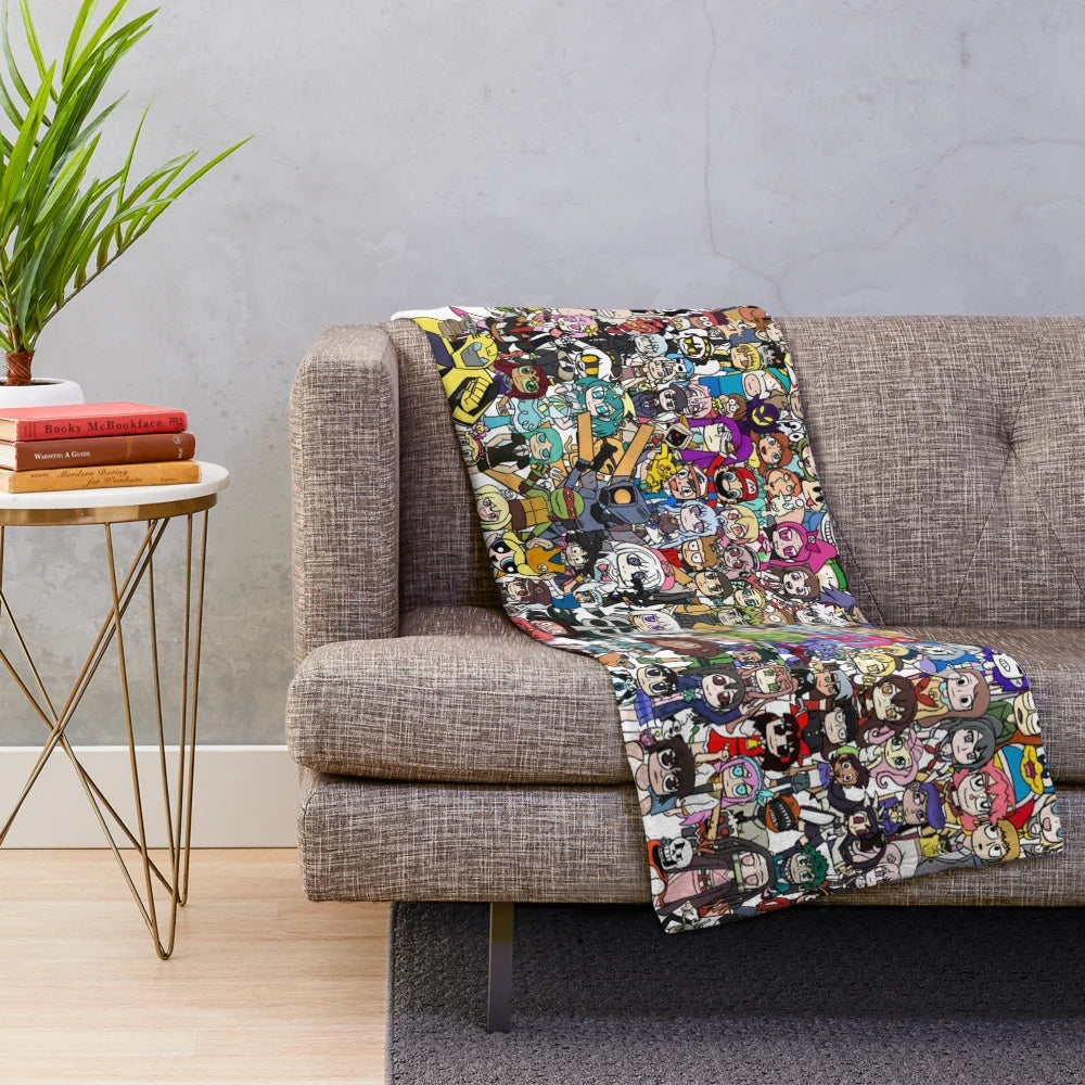 Fanart collage plush blanket featuring cartoon, anime, and video game characters