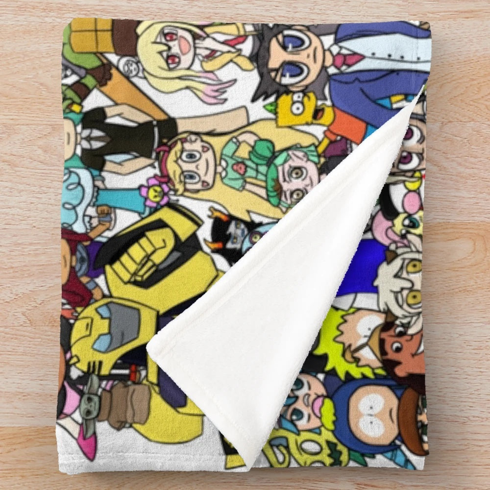 Fanart collage plush blanket featuring cartoon, anime, and video game characters