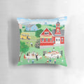Whimsical dog-themed graduation pillow featuring a naive landscape with a school bus and graduates