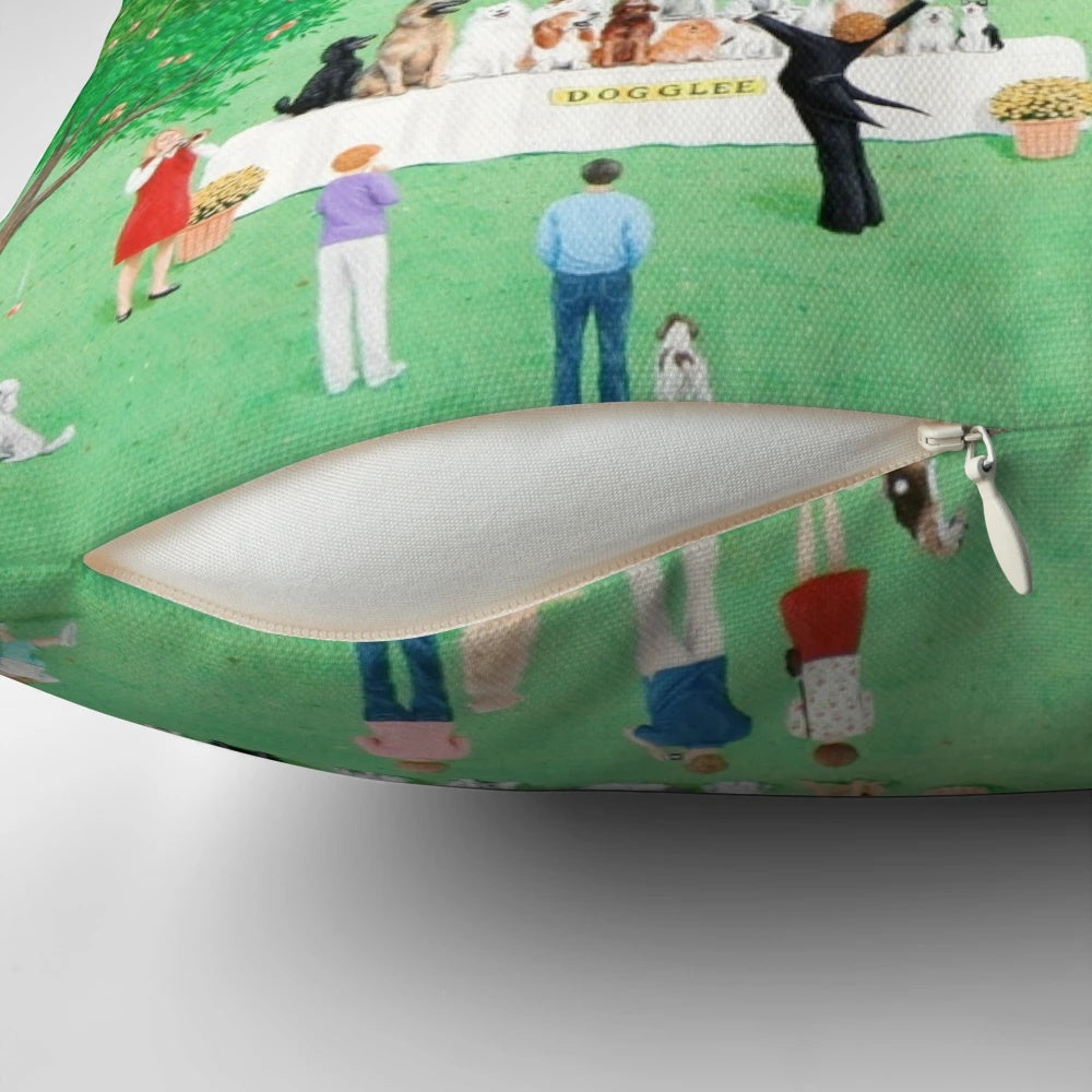 Whimsical dog-themed graduation pillow featuring a naive landscape with a school bus and graduates