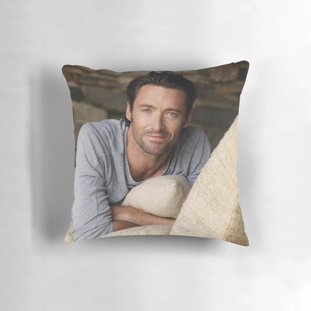 Plush Hugh Jackman face pillow with a close-up headshot of the famous actor