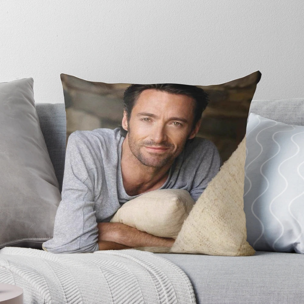 Plush Hugh Jackman face pillow with a close-up headshot of the famous actor