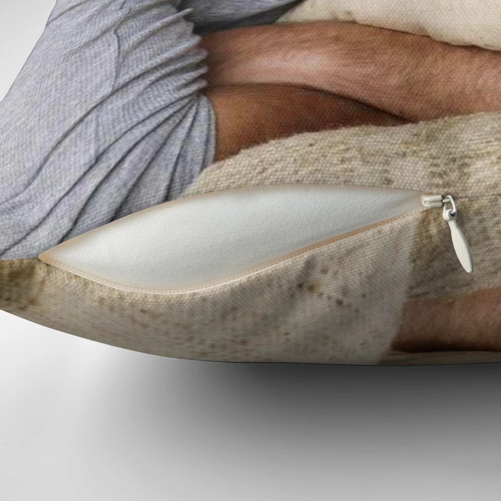 Plush Hugh Jackman face pillow with a close-up headshot of the famous actor