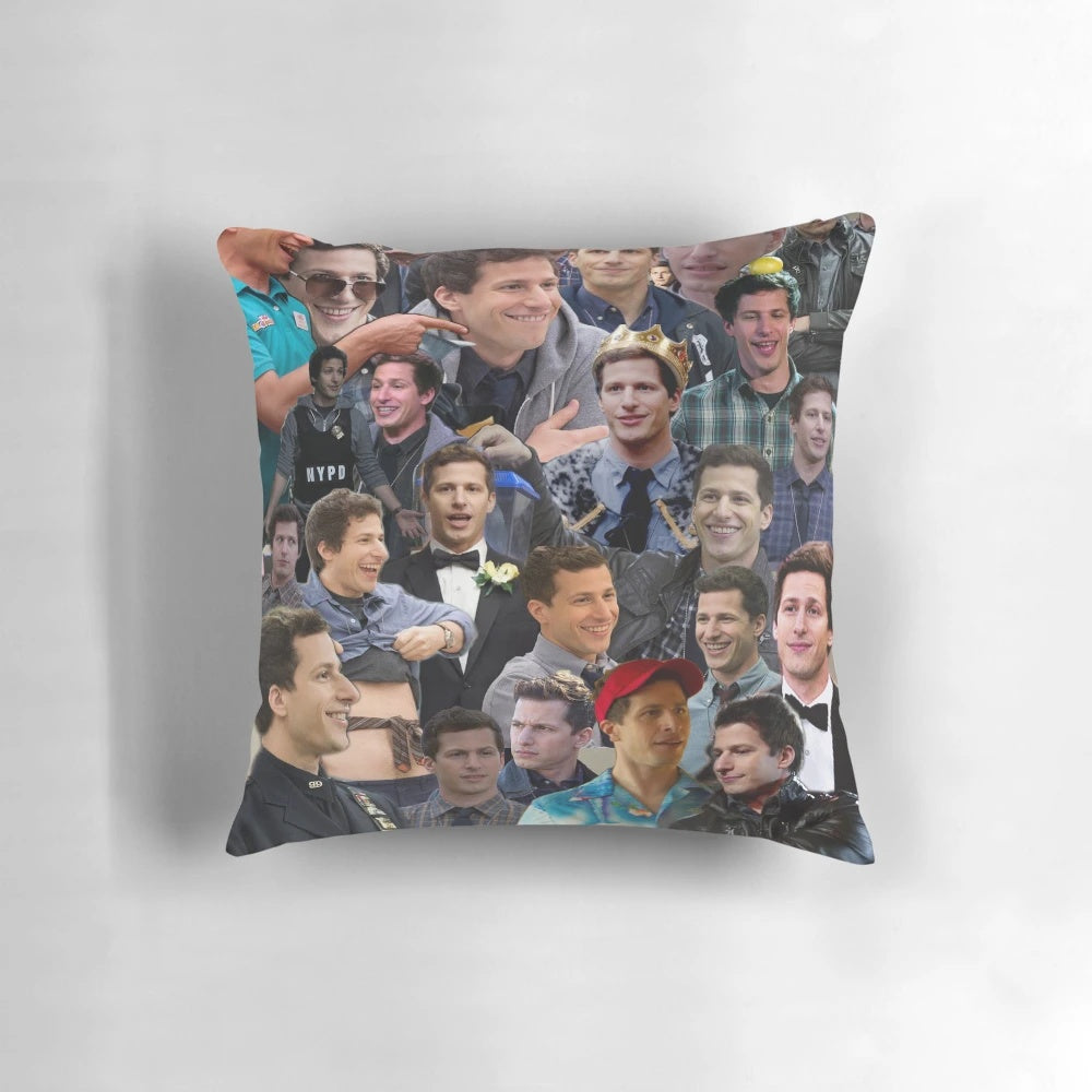 A colorful collage of Jake Peralta, the beloved character from the hit TV show "Brooklyn Nine-Nine", featured on a soft and comfortable pillow.