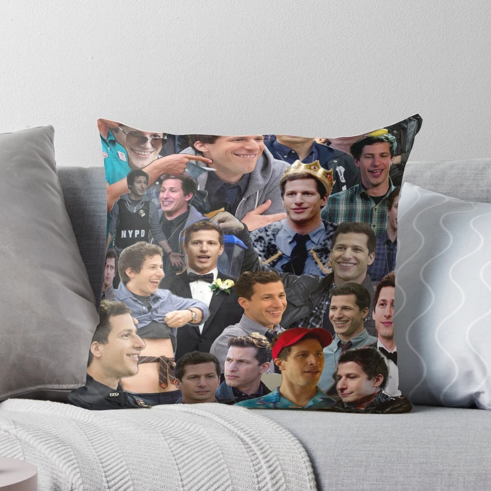 A colorful collage of Jake Peralta, the beloved character from the hit TV show "Brooklyn Nine-Nine", featured on a soft and comfortable pillow.
