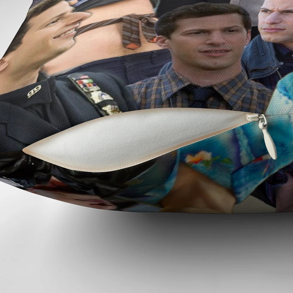 A colorful collage of Jake Peralta, the beloved character from the hit TV show "Brooklyn Nine-Nine", featured on a soft and comfortable pillow.