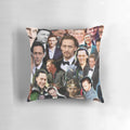 A decorative pillow featuring a collage of photos of the renowned actor Tom Hiddleston.