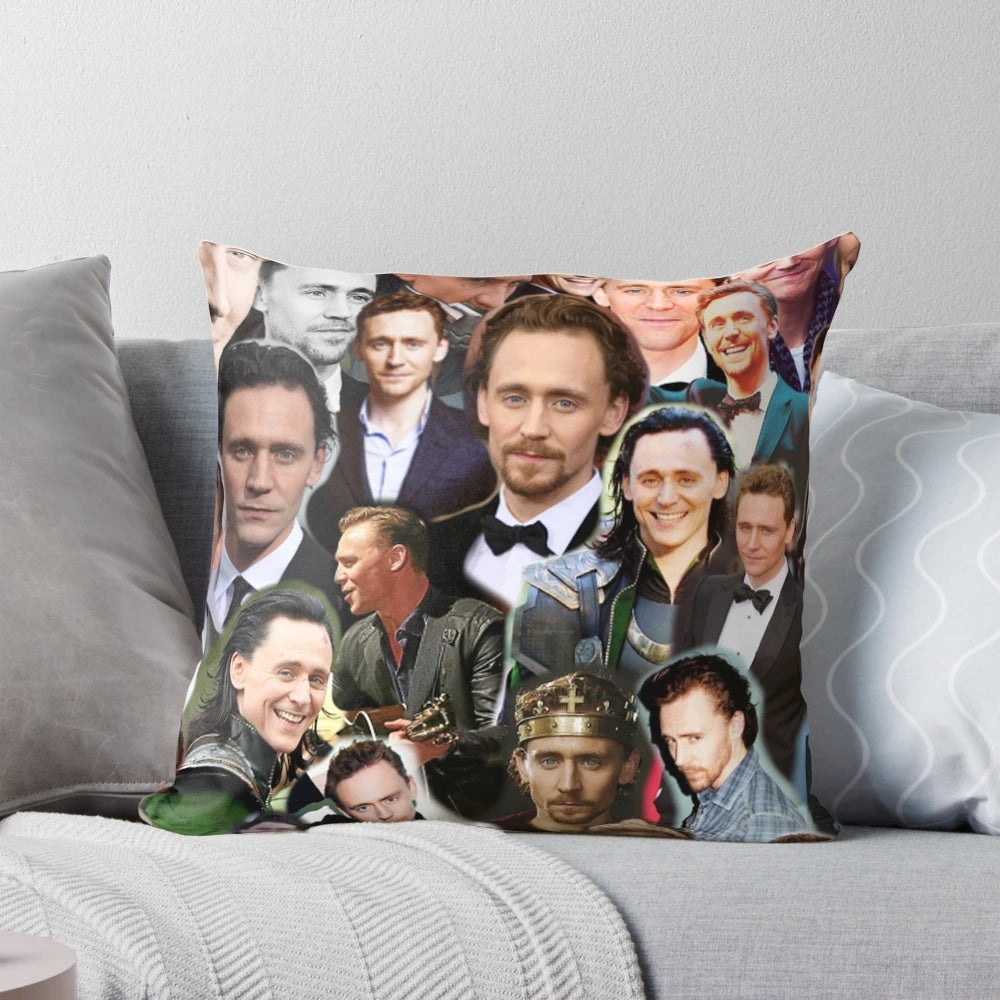 A decorative pillow featuring a collage of photos of the renowned actor Tom Hiddleston.