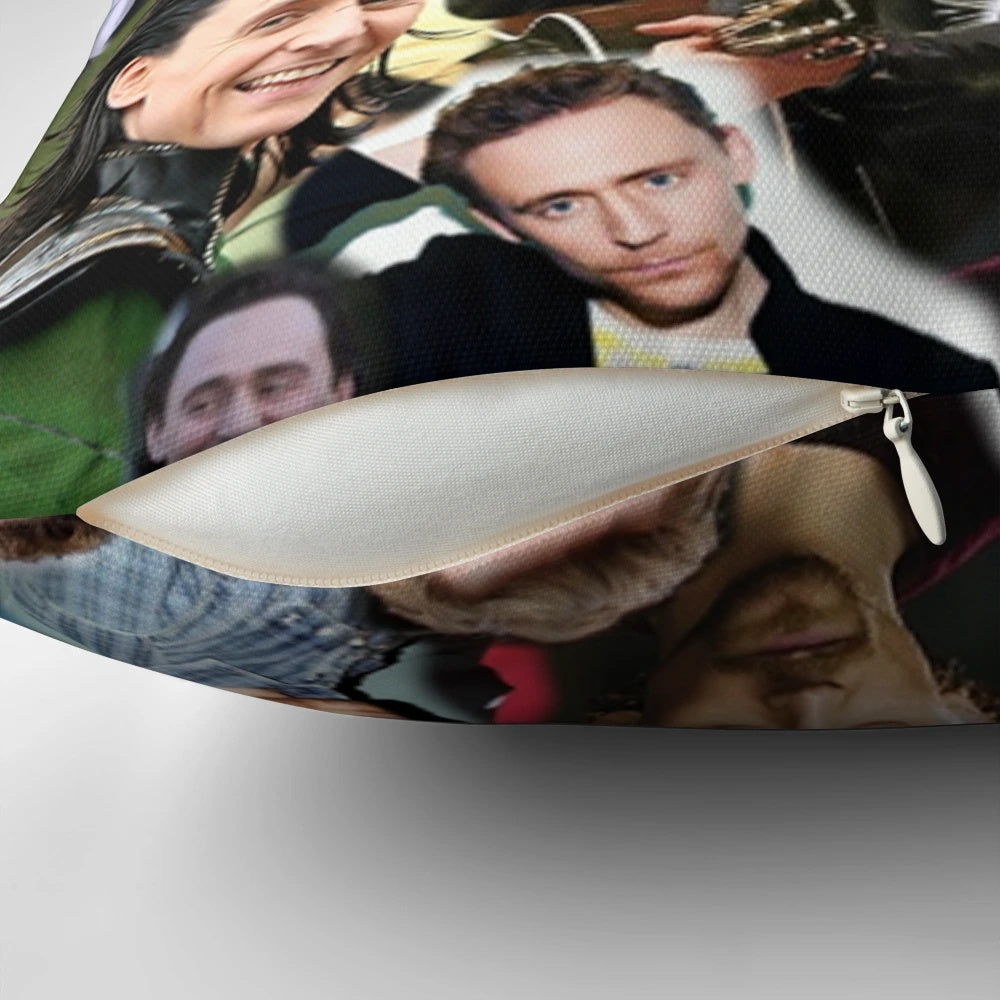 A decorative pillow featuring a collage of photos of the renowned actor Tom Hiddleston.