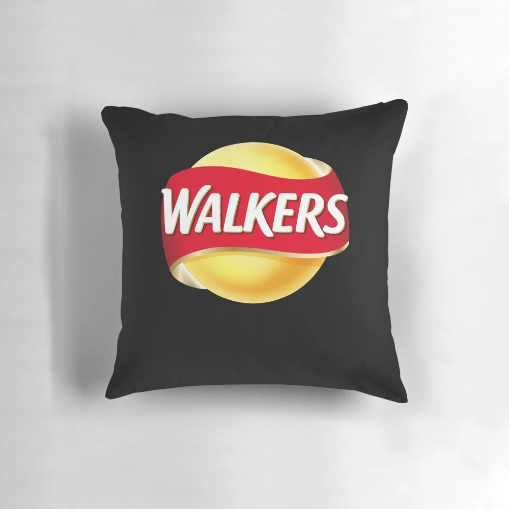 A plush pillow featuring the iconic Walker's Crisps logo, perfect for crisps enthusiasts.
