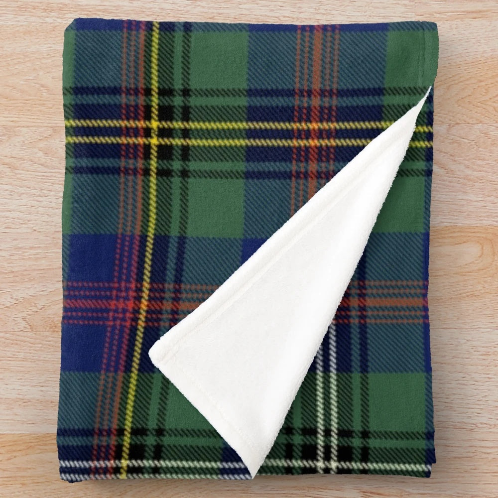 Clan Wood tartan plush blanket featuring the Wood family crest and tartan pattern