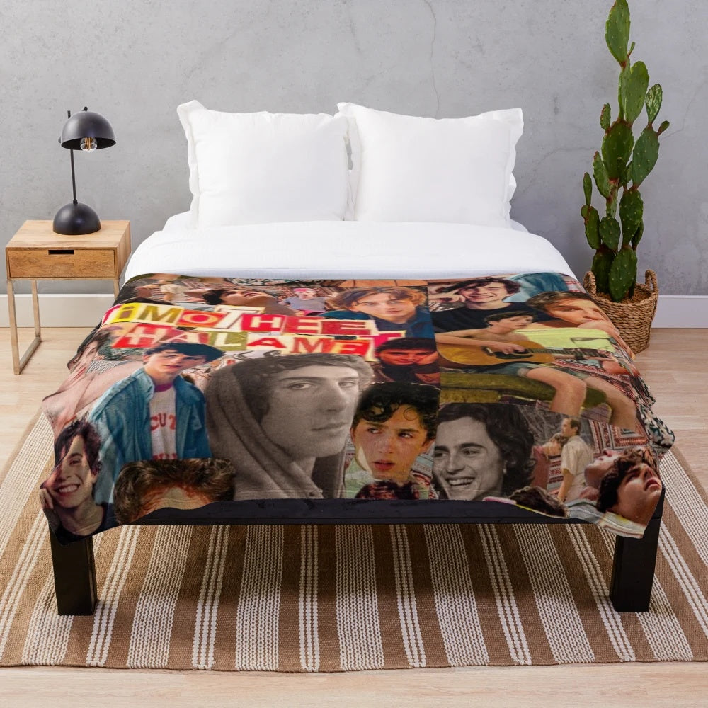 Timothée Chalamet-inspired plush blanket featuring a collage design