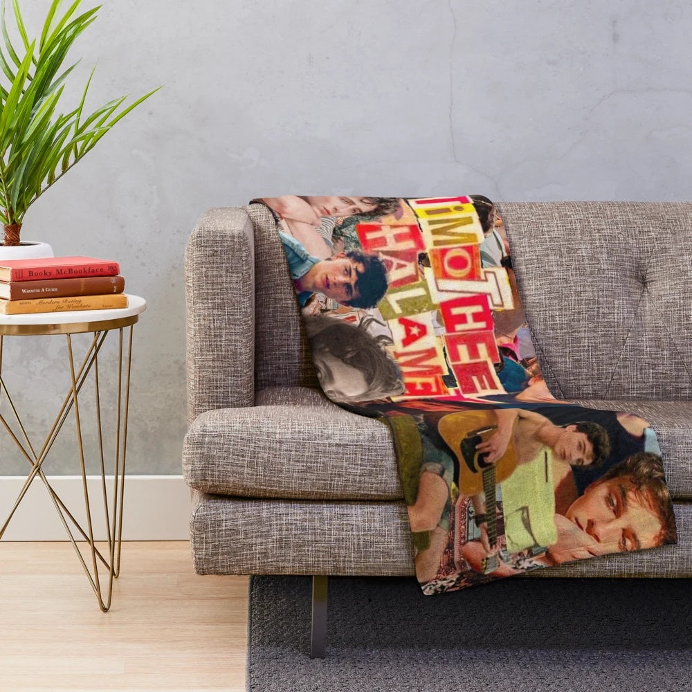 Timothée Chalamet-inspired plush blanket featuring a collage design